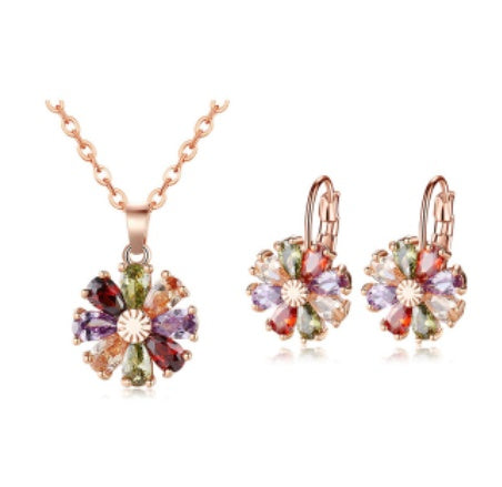 Copper Zircon Floral Diamond Necklace Stud Earrings-Jewearrings