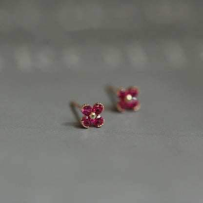 925 Silver Rose Red Little Flowers Ruby Stud Earrings-Jewearrings