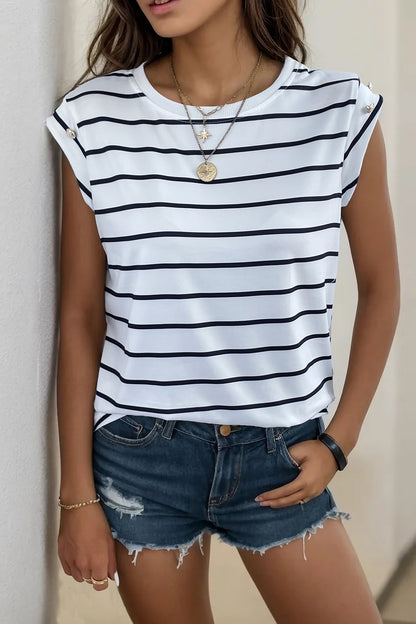 Decorative Button Round Neck T-Shirt-Jewearrings