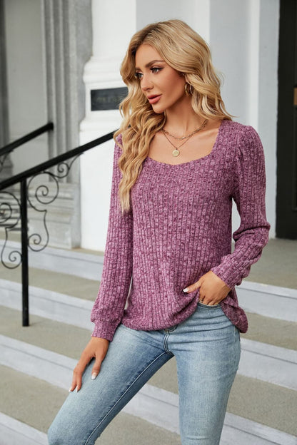 Ribbed Square Neck Long Sleeve T-Shirt-Jewearrings