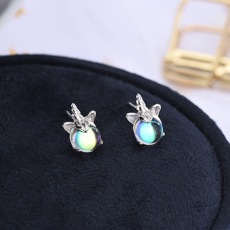 S925 Silver Stud Earrings Female Rainbow Synthetic Glaze-Jewearrings