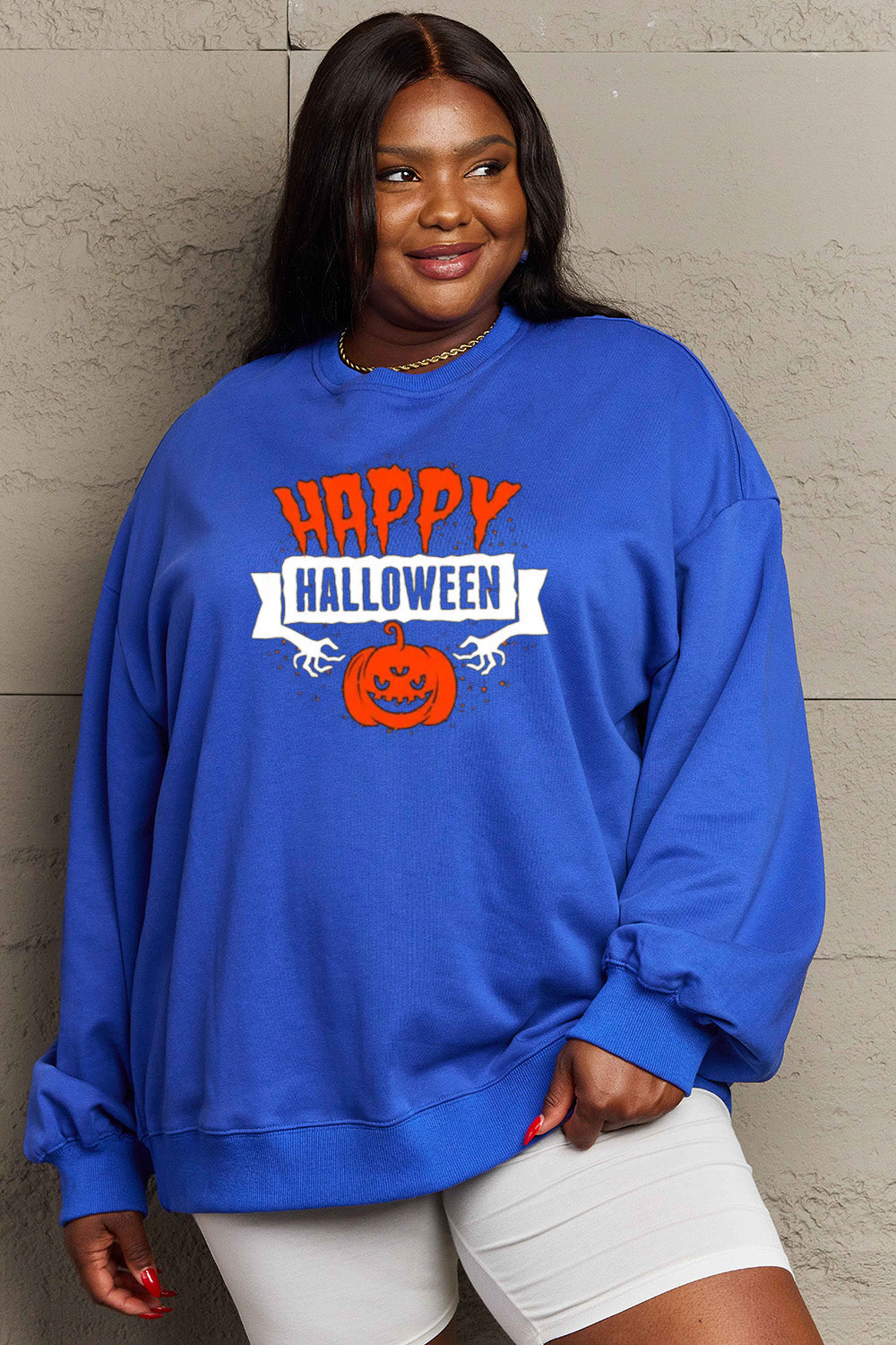 Simply Love Full Size HAPPY HALLOWEEN Graphic Sweatshirt-Jewearrings