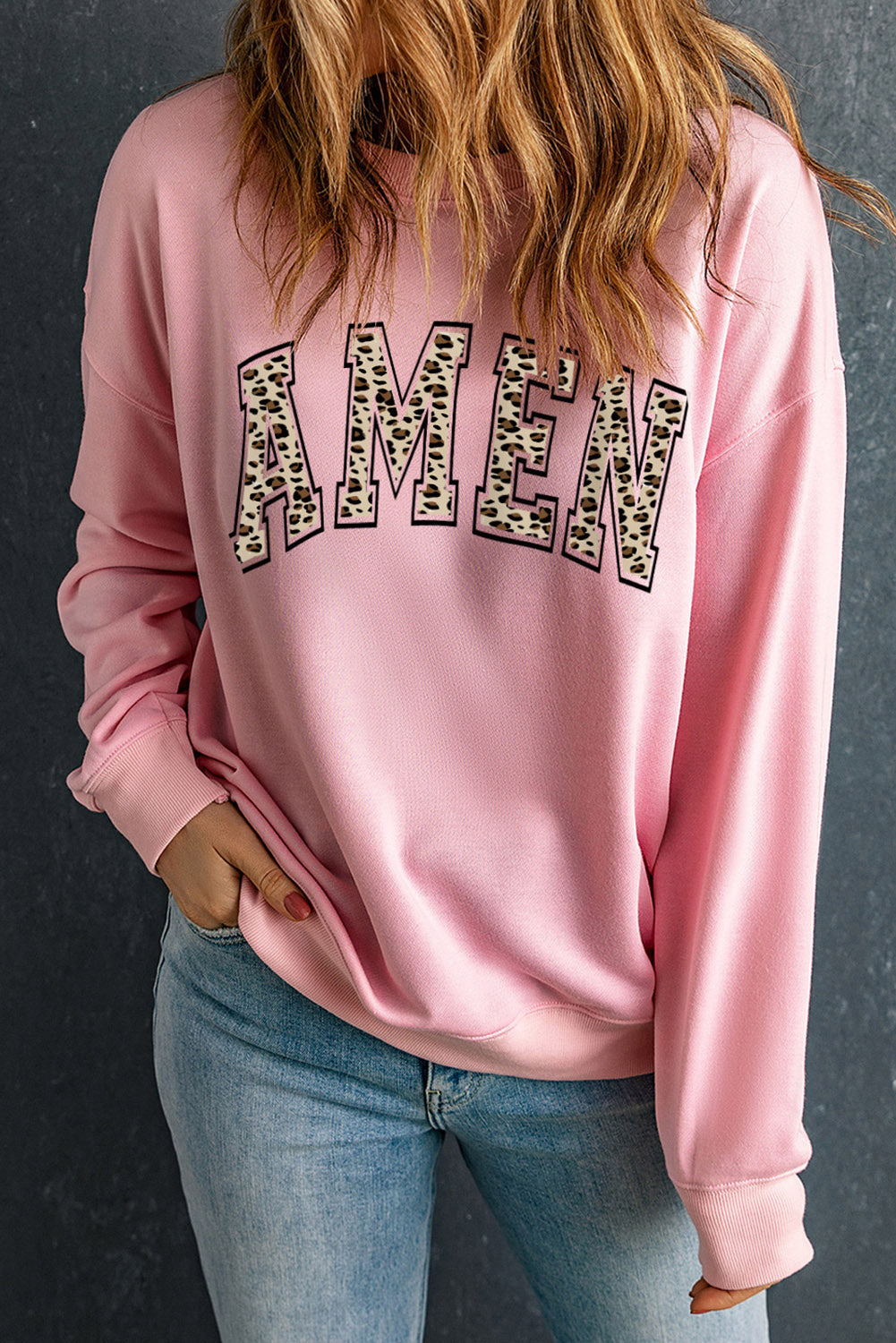 Round Neck Dropped Shoulder AMEN Graphic Sweatshirt-Jewearrings