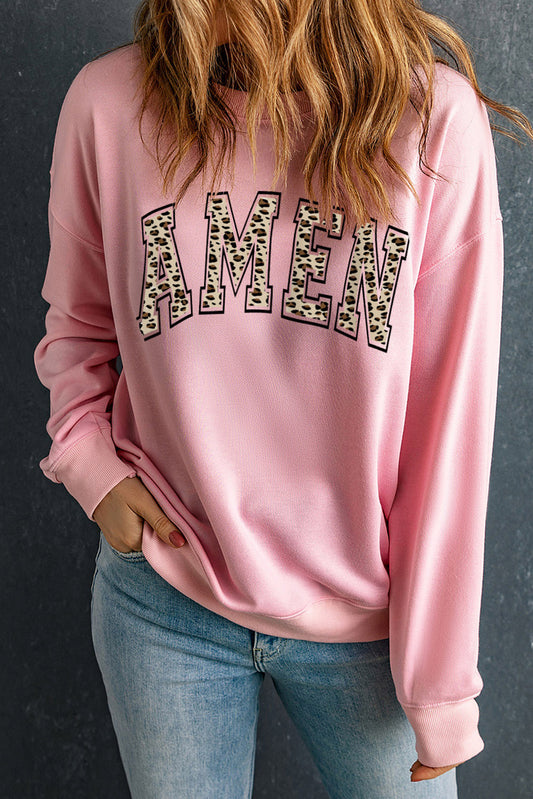 Round Neck Dropped Shoulder AMEN Graphic Sweatshirt-Jewearrings