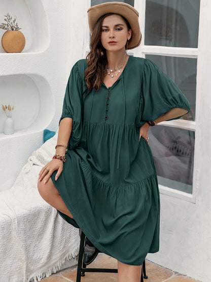 Plus Size Tie Neck Balloon Sleeve Midi Dress-Jewearrings