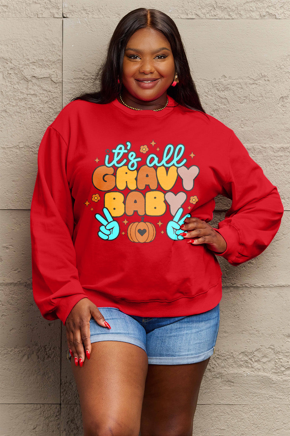 Simply Love Full Size IT'S ALL GRAVY BABY Long Sleeve Sweatshirt-Jewearrings