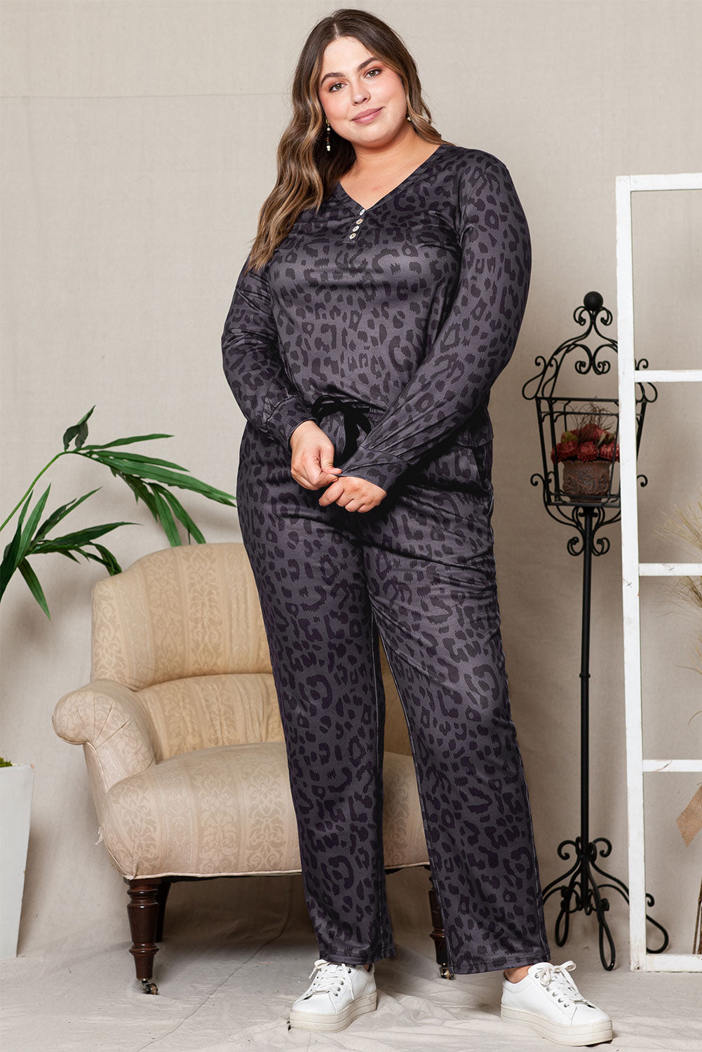 Plus Size Leopard Print V-Neck and Slim Fit Pants Lounge Set-Jewearrings