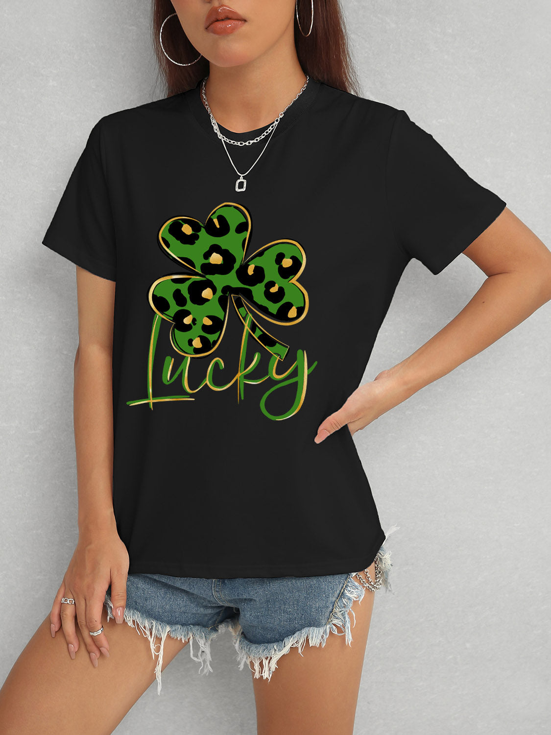 Lucky Clover Round Neck Short Sleeve T-Shirt-Jewearrings