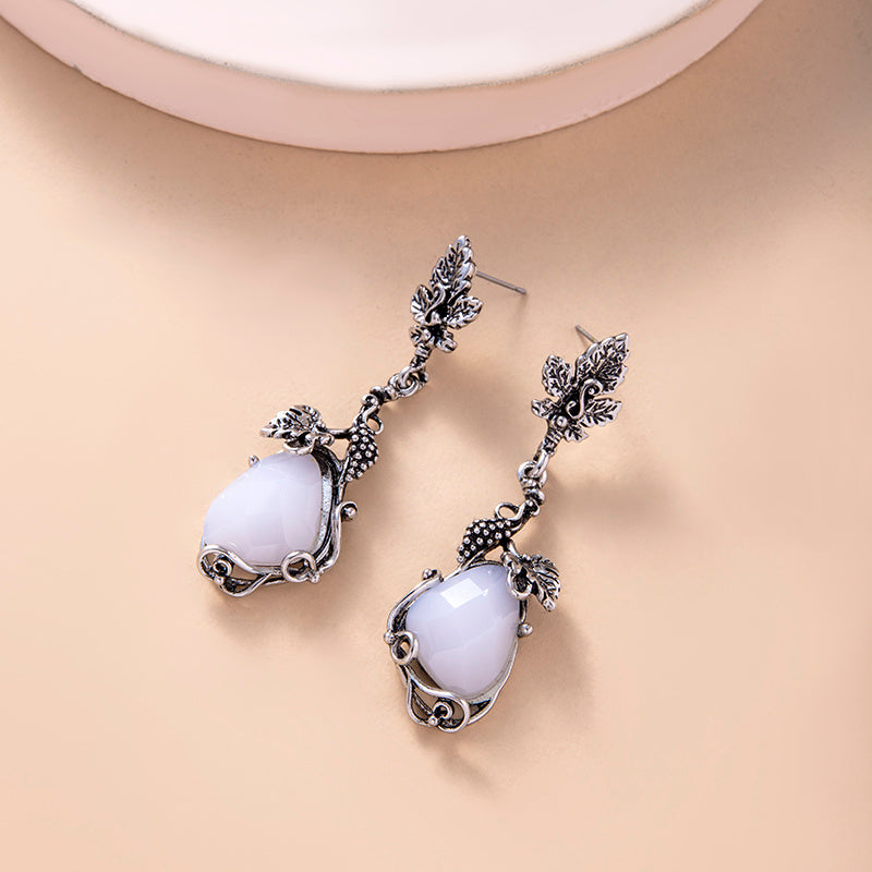 Vintage Leaf Flower Opal Stone Pendant Earrings-Jewearrings