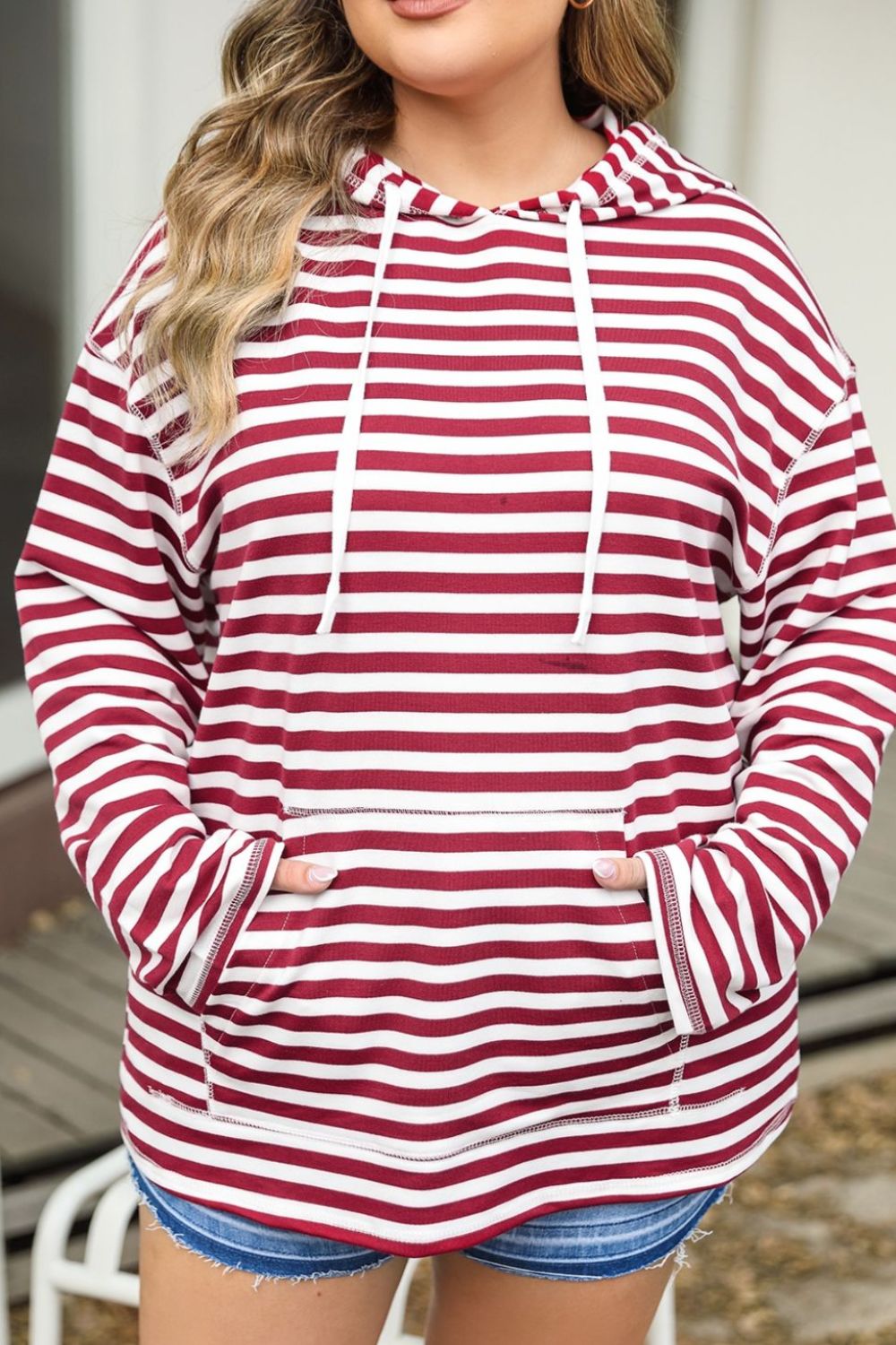 Plus Size Drawstring Striped Dropped Shoulder Hoodie-Jewearrings