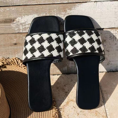 Plaid Open Toe Flat Sandals-Jewearrings