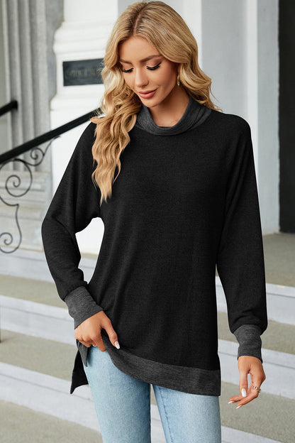 Slit Mock Neck Long Sleeve T-Shirt-Jewearrings