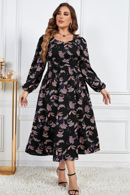 Melo Apparel Plus Size Floral Print Long Sleeve Midi Dress-Jewearrings