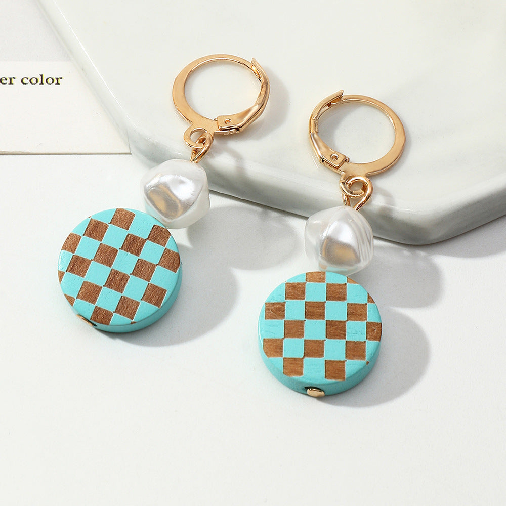 Round Checkered Earrings Temperament Pearl Earrings-Jewearrings