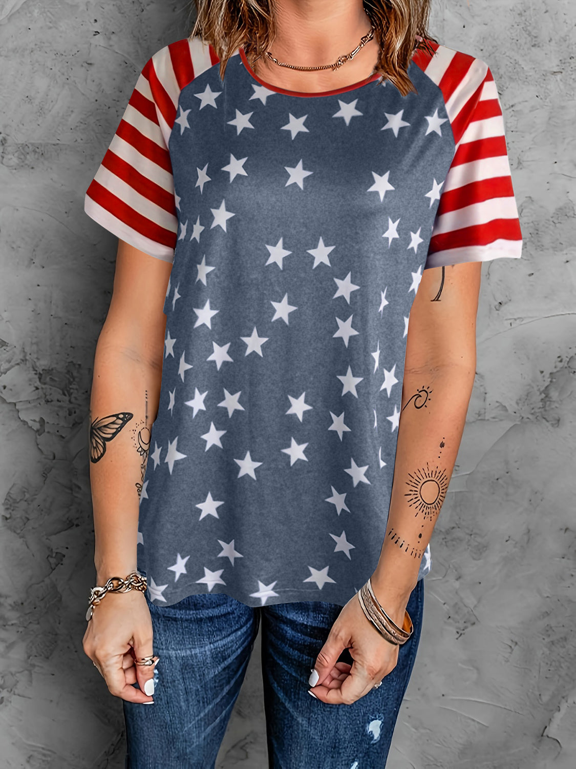 Full Size Star Striped Round Neck Short Sleeve T-Shirt-Jewearrings