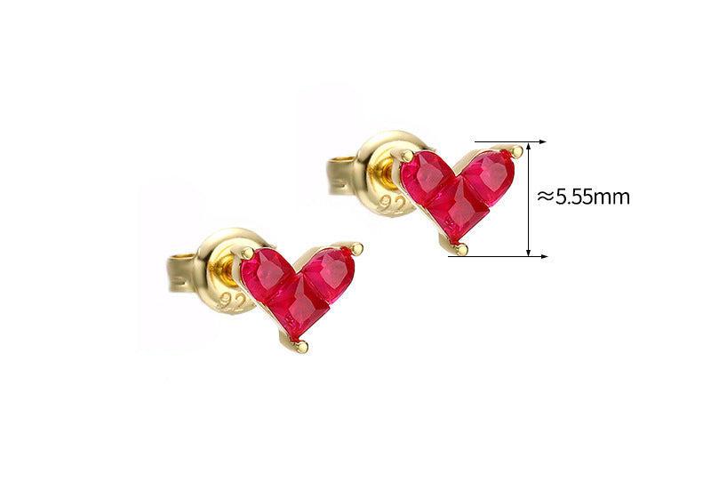 Women's Sterling Silver Gold Plated Red Corundum Stitching Heart Stud Earrings-Jewearrings