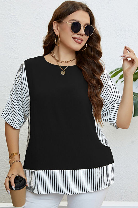 Plus Size Striped Round Neck Half Sleeve Top-Jewearrings