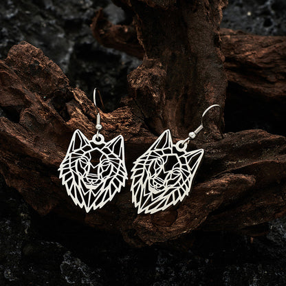 Hollow Wolf Head Silver Stainless Steel Dangle Earrings For Women-Jewearrings