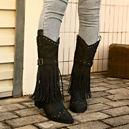 Studded Fringe Block Heel Boots-Jewearrings