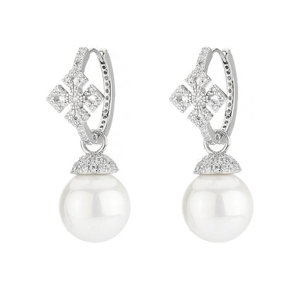 Micro-set Zircon Cross Pearl Silver Needle Earrings-Jewearrings