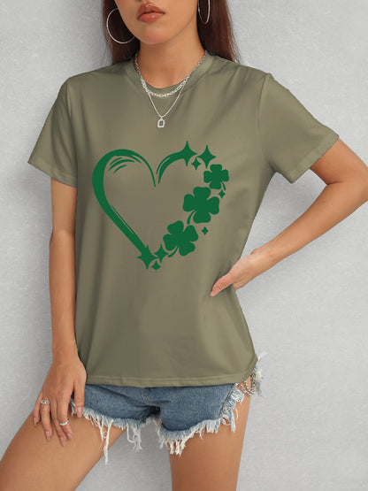 Heart Lucky Clover Round Neck Short Sleeve T-Shirt-Jewearrings