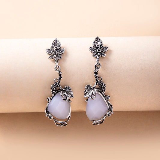 Vintage Leaf Flower Opal Stone Pendant Earrings-Jewearrings