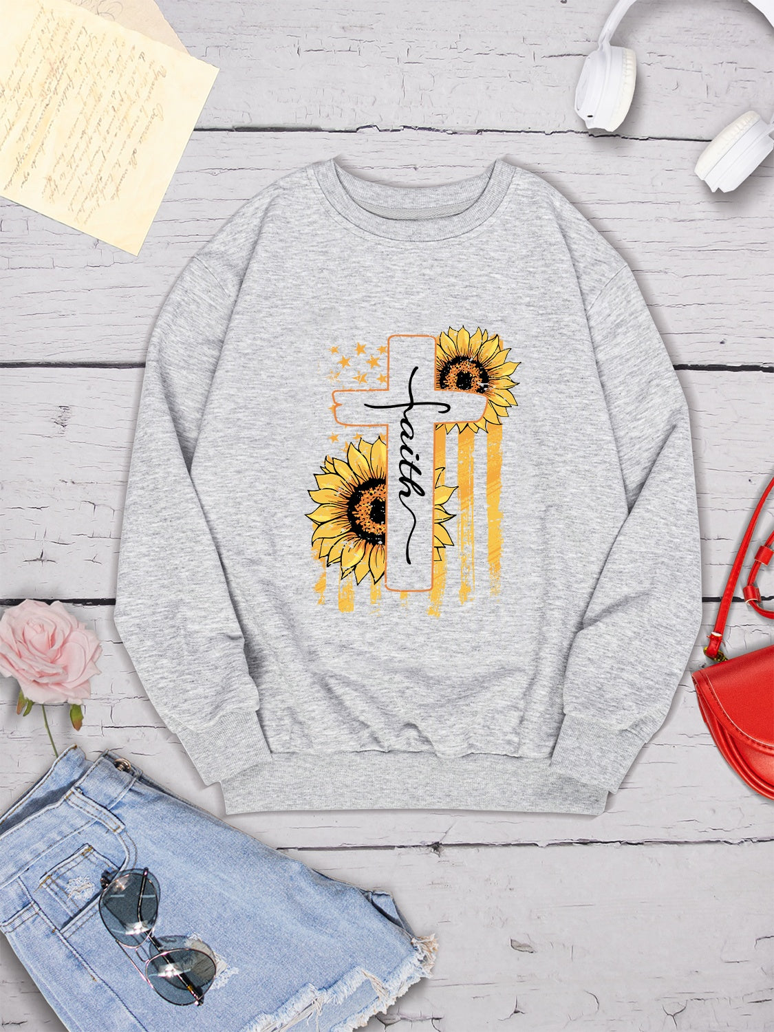 Sunflower Round Neck Dropped Shoulder Sweatshirt-Jewearrings