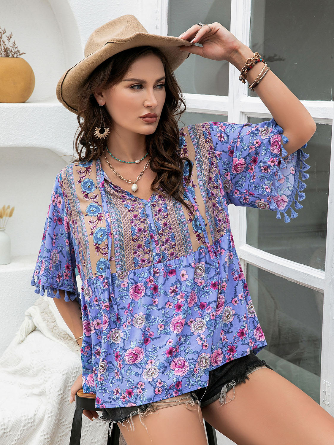 Plus Size Printed V-Neck Half Sleeve Blouse-Jewearrings