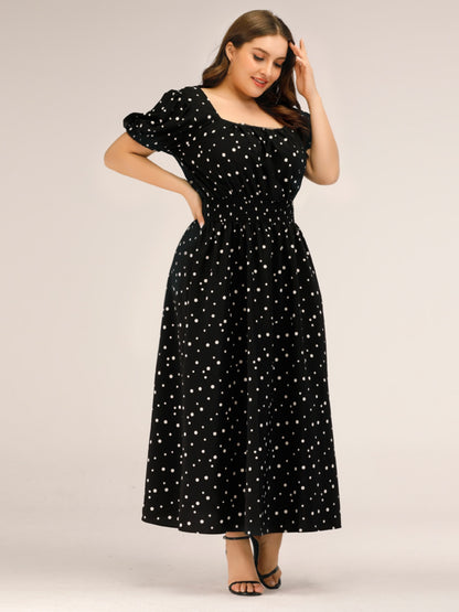 Plus Size Polka Dot Square Neck Dress-Jewearrings