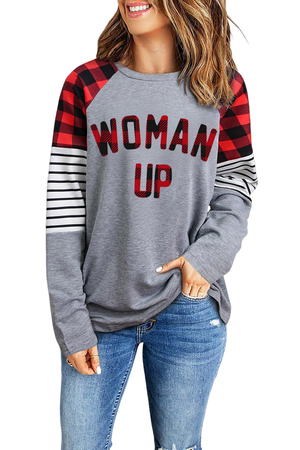 WOMAN UP Plaid Striped Raglan Sleeve Top-Jewearrings