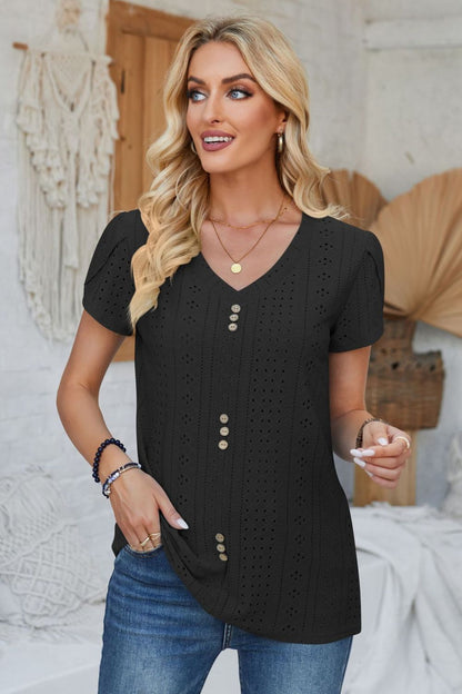 Decorative Button Eyelet V-Neck Short Sleeve T-Shirt-Jewearrings