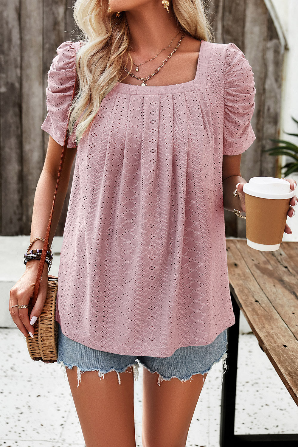 Eyelet Square Neck Puff Sleeve T-Shirt-Jewearrings