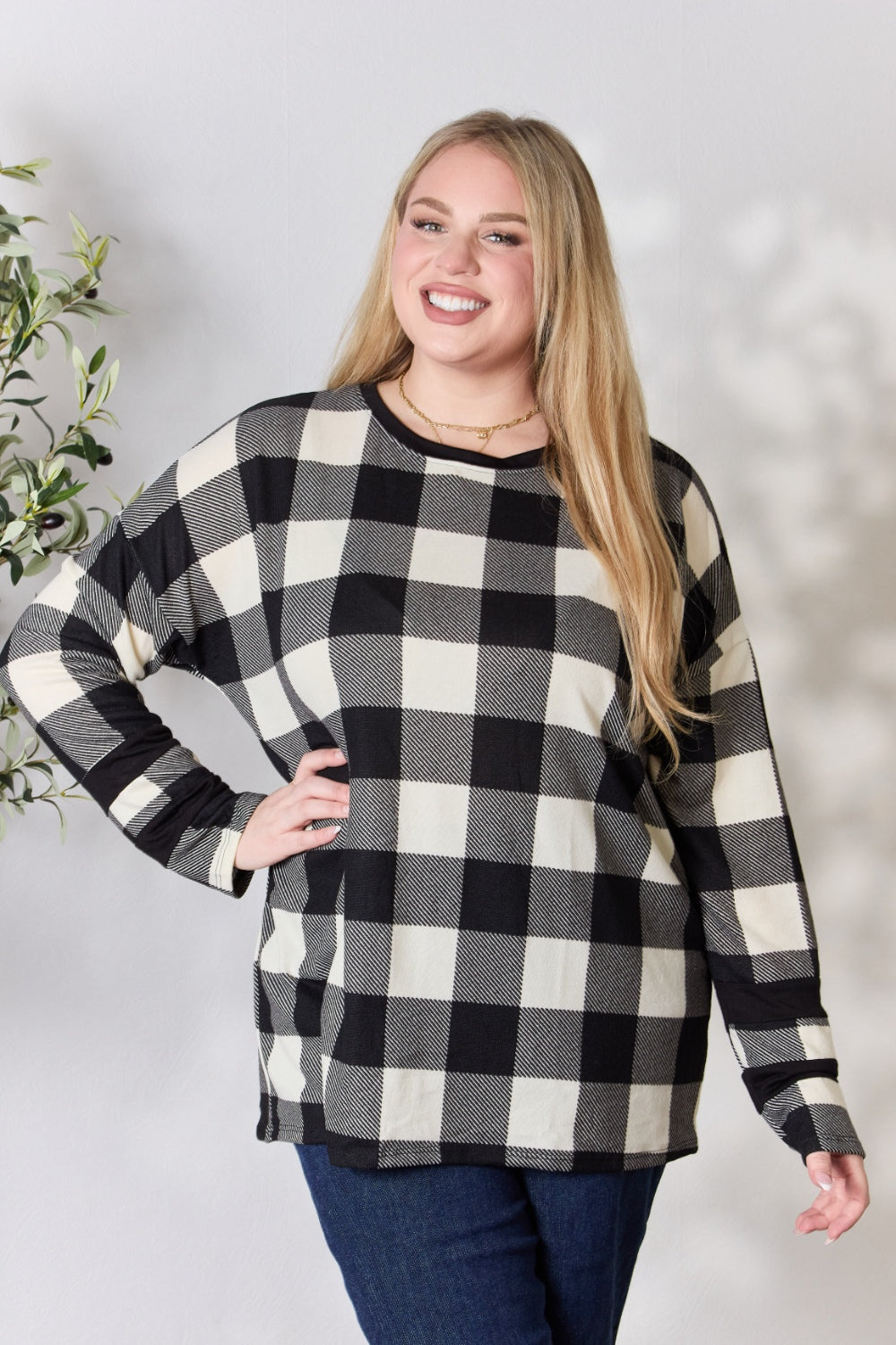 Celeste Full Size Plaid Round Neck Long Sleeve T-Shirt-Jewearrings