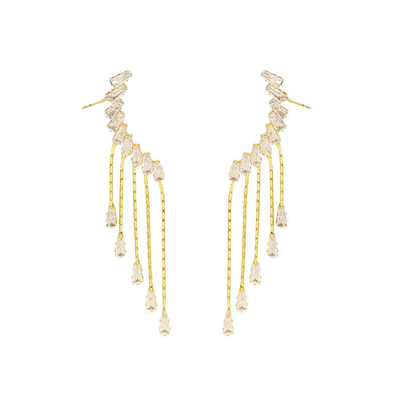 Exaggerated And Personalized Ear Clip Tassel Rhinestone Earrings-Jewearrings