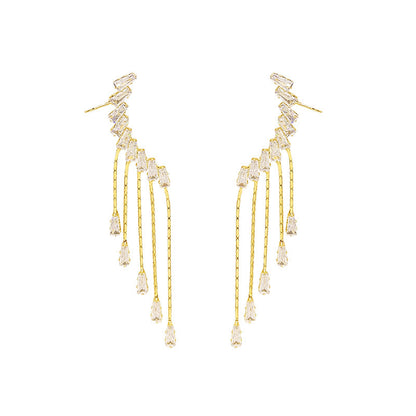 Exaggerated And Personalized Ear Clip Tassel Rhinestone Earrings-Jewearrings