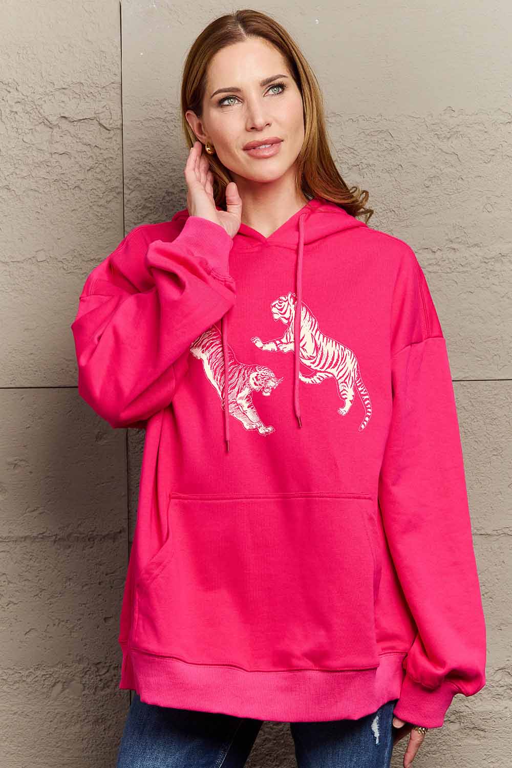 Simply Love Simply Love Full Size Dropped Shoulder Tiger Graphic Hoodie-Jewearrings