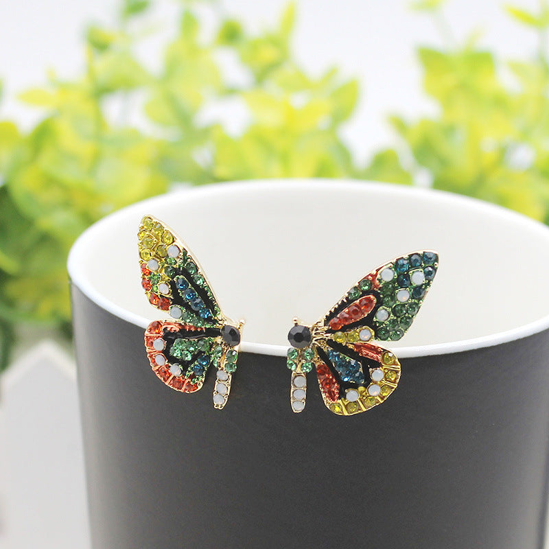 Sterling Silver Needle Sweet Girly Wind Butterfly Colorful Crystals Earrings-Jewearrings