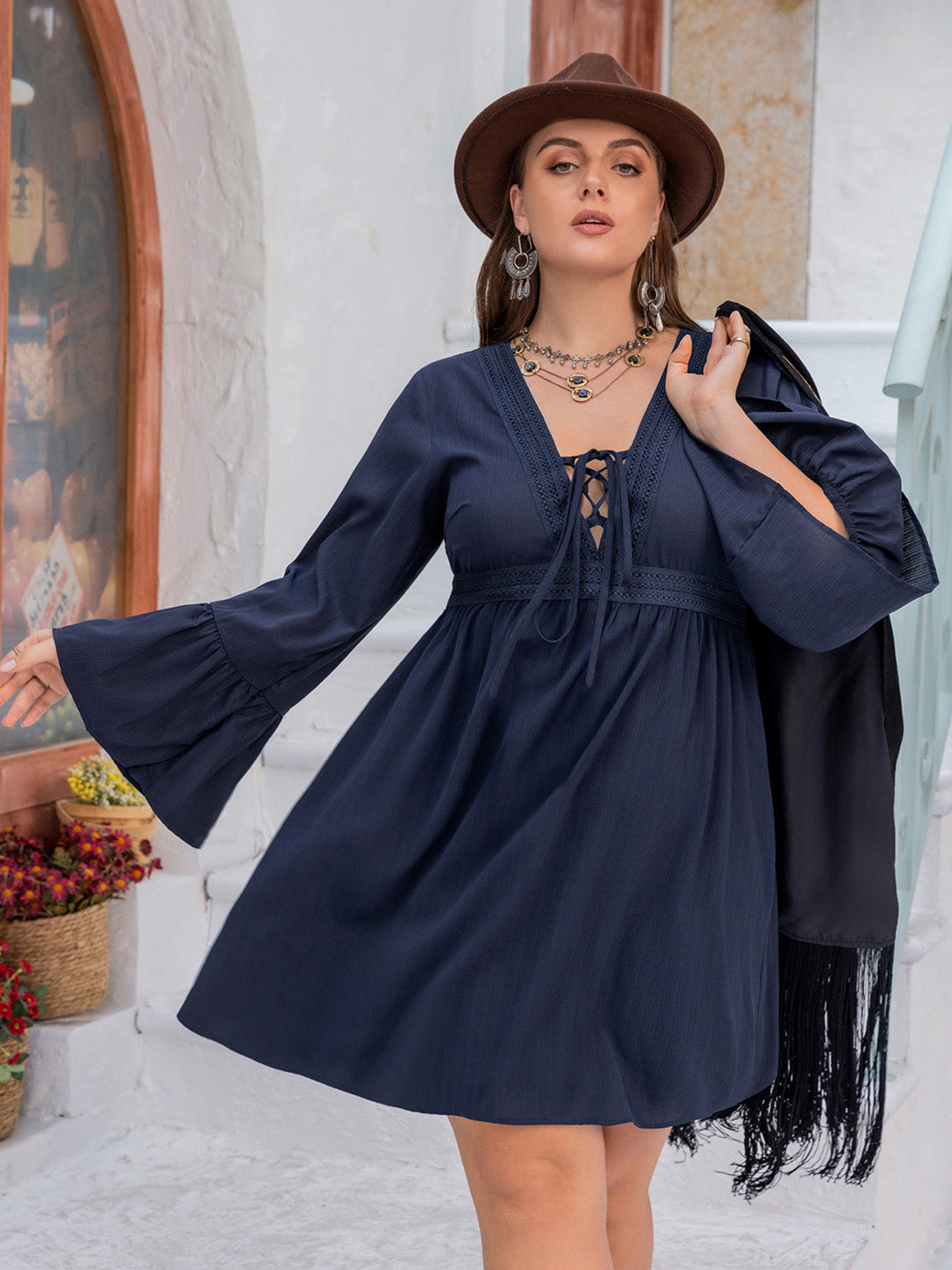 Plus Size Tie Front V-Neck Flare Sleeve Dress-Jewearrings