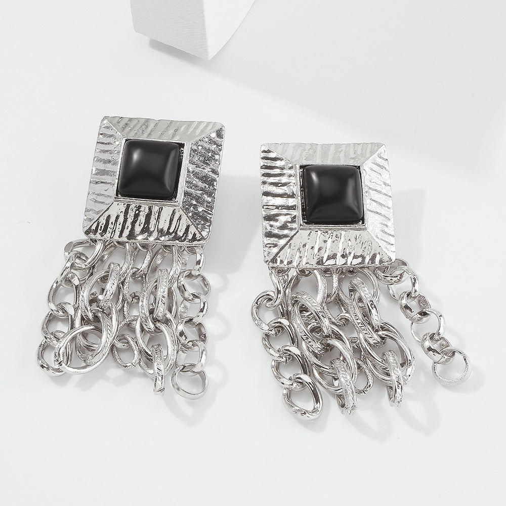 Chain Tassel French Geometric Square Retro Metal Stud Earrings-Jewearrings