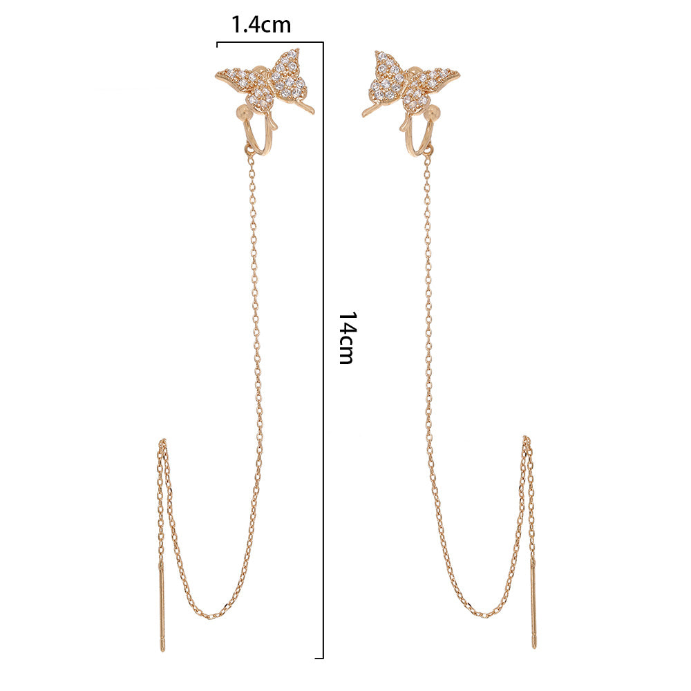 Cross Border Jewelry Wholesale Niche Design Copper Micro Inlaid Zircon Butterfly Ear Bone Clip Long Tassel Ear Line Fashion Versatile Earrings-Jewearrings