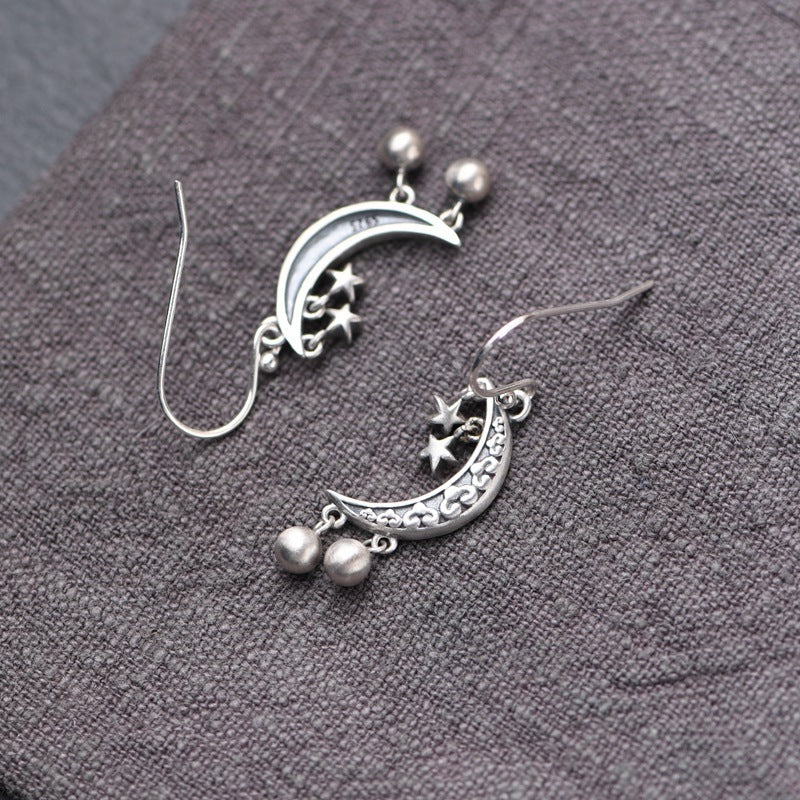 S925 Silver Retro Fashion Artistic Temperament Silver Bead Fringe Earrings Star Crescent Pendant-Jewearrings