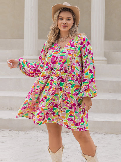 Plus Size Printed V-Neck Balloon Sleeve Mini Dress-Jewearrings