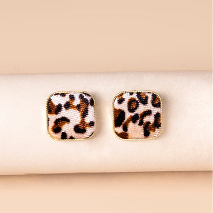 Fashion Square Leopard Print Corduroy Stud Earrings For Women-Jewearrings