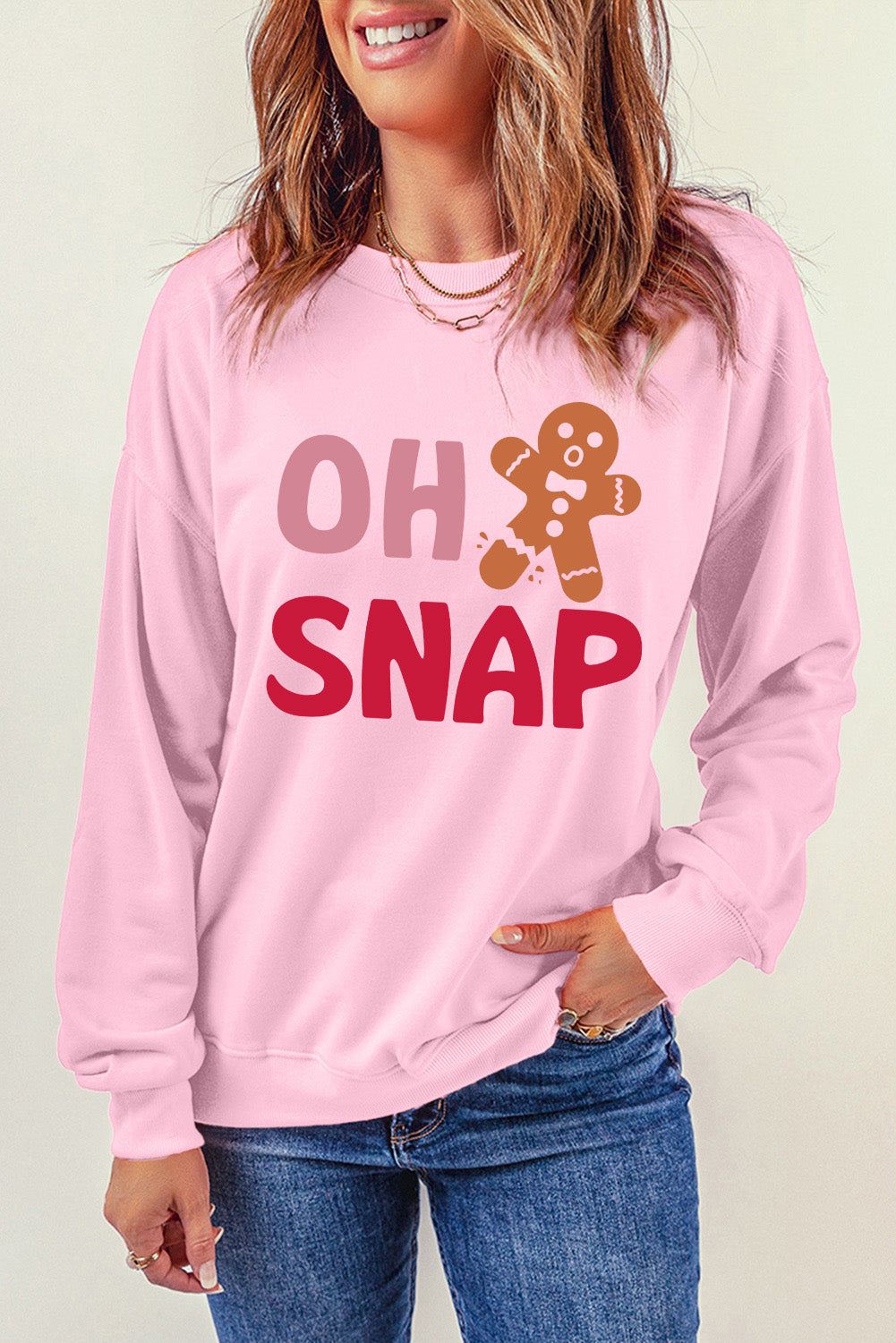 OH SNAP Round Neck Long Sleeve Sweatshirt-Jewearrings