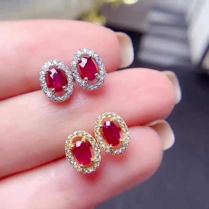 Colored Gems Jewelry 925 Silver Inlaid Natural Pigeon Blood Red Ruby Stud Earrings-Jewearrings