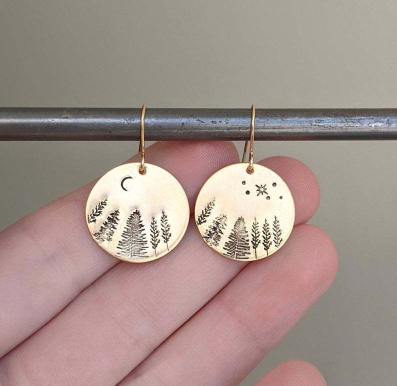 Vintage Asian Gold Disc Pine Star Moon Asymmetric Earrings-Jewearrings