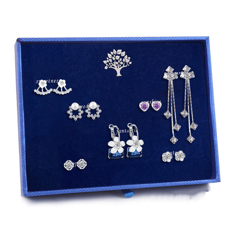 925 Sterling Silver Stud Earrings Set One Week Earring Female Acrylic-Jewearrings