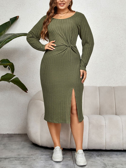 Plus Size Ribbed Round Neck Twisted Slit Midi Dress-Jewearrings