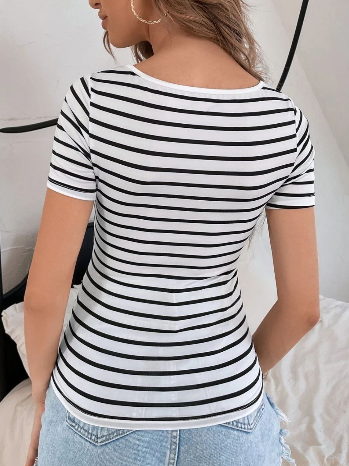 Striped V-Neck Short Sleeve T-Shirt-Jewearrings