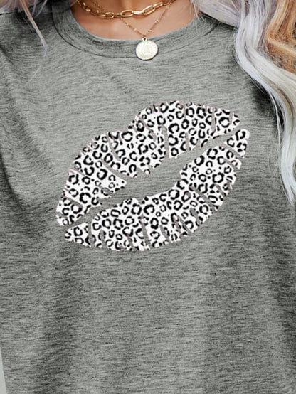 Leopard Lip Graphic Round Neck Tee-Jewearrings